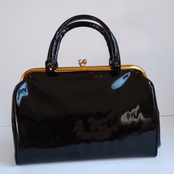 Vintage Black Sturdy Shiny Roomy Patent Gold Kiss Clasp Envelope Satchel Bag - Picture 1 of 15